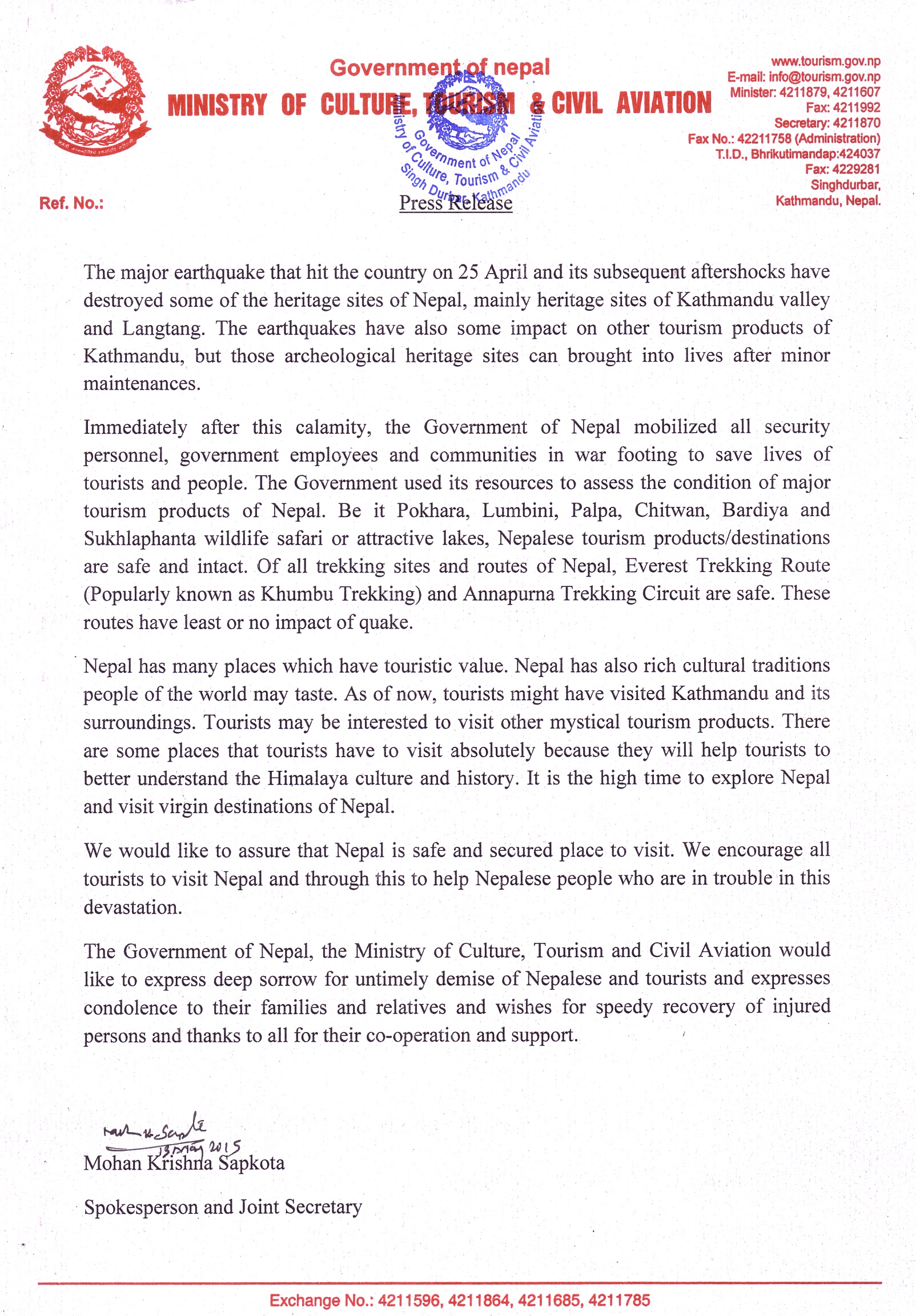 Press Release - Nepal Government_Mai 2015